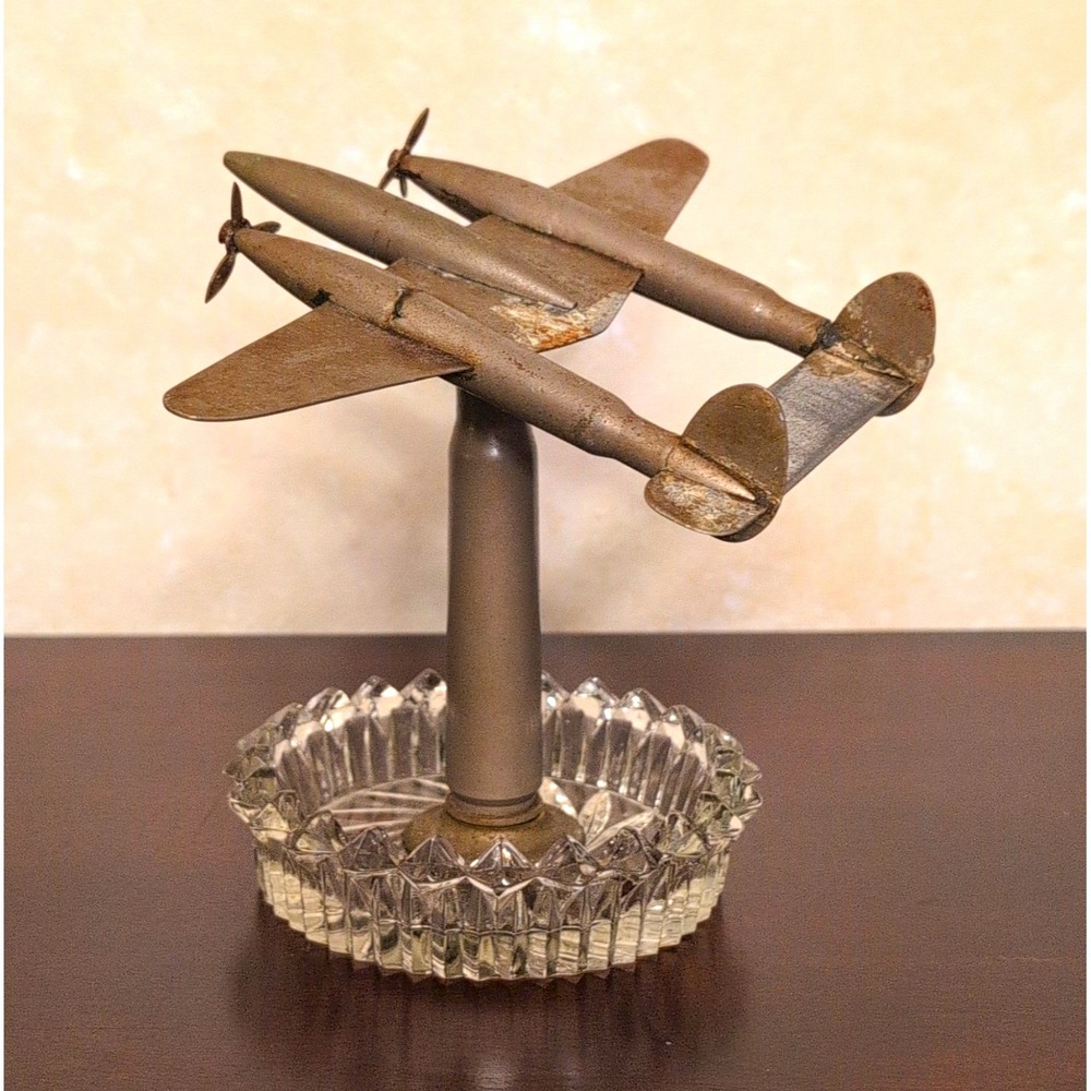 Vintage WWII Trench Art P-38 Lightning Fighter Airplane Desk Model Glass Ashtray